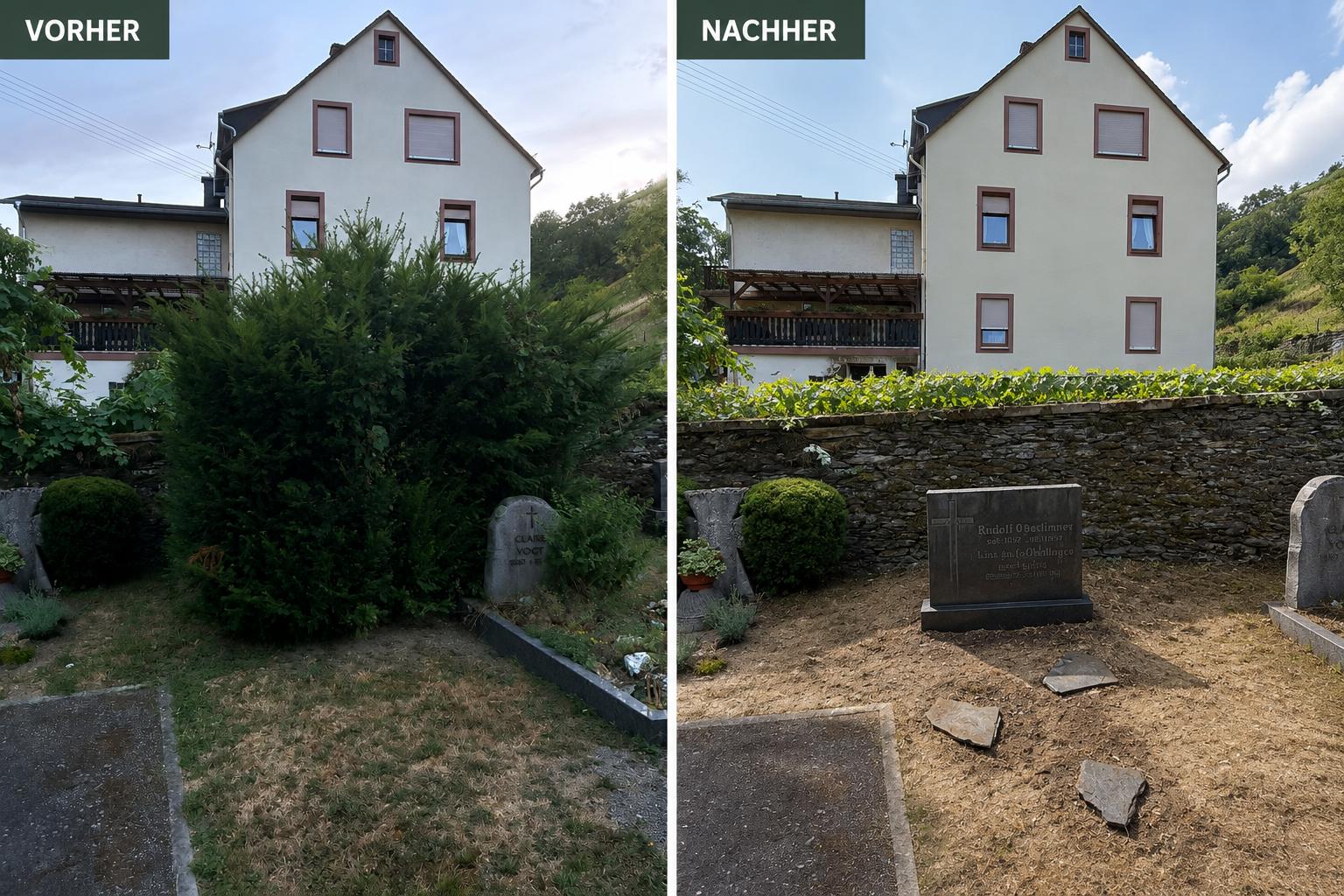 Vorher-Nachher: großer überwachsener Strauch am Grab entfernt, Fläche freigeräumt